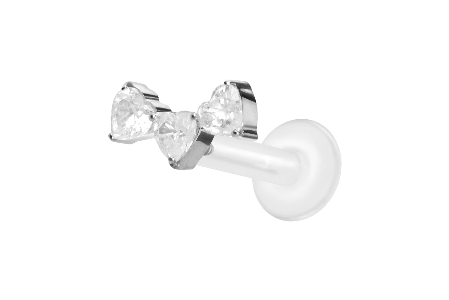 PTFE Labret Piercing mit Innengewinde + Titan-Aufsatz 3 KRISTALLHERZEN
